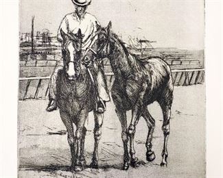 1965 Etching Cowboy & 2 Horses Wolfgang Pogzeba. Unframed etching of a cowboy with two horses. Untitled and signed in the plate. One of six etchings  in this auction by well known Taos, New Mexico artist Wolfgang Pogzeba (1936-1982). Image size is  12" x 10" on a 15" x 22" sheet..