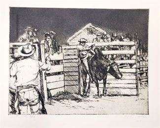 1965 Etching Cowboy Bull Riding Wolfgang Pogzeba. Unframed, signed & numbered #40/100 etching of a cowboy leaving the rodeo gate on a bull. Entitled "Devil's Gate". One of six etchings  in this auction by well known Taos, New Mexico artist Wolfgang Pogzeba (1936-1982). Image size is  9" x 12" on a 15" x 22" sheet.. 