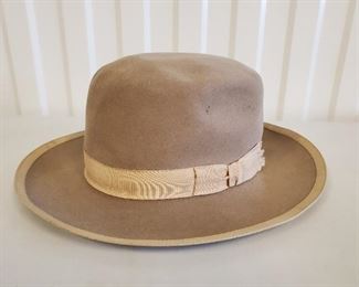 Vintage Stetson Cowboy Hat Size 7 1/2. From the style of the tags, I believe this may date to the 1930s or earlier. Grosgrain band and edge. No liner. Stamped Wm. Gerlach Douglas Wyo. Right off the ranch, needs to be cleaned.