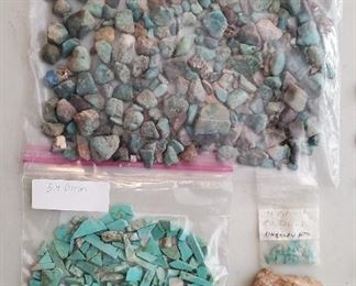 Big Lot of Rough & Cut Turquoise Stones Nuggets. Includes:
1) 1 pound, 7.6 ounce bag of rough turquoise stones nuggets
2) 5.4 ounce bag of cut turquoise stones
3) Rocks and small bag of turquoise
