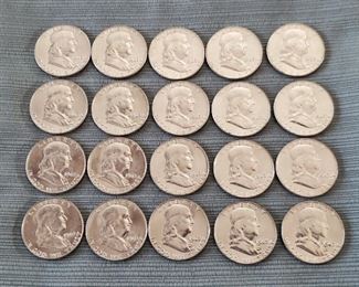 US Double Eagle gold coins and many other early US silver coins, Canadian Maple Leaf gold coins, and  tubes of 25 silver American Prospector rounds. 