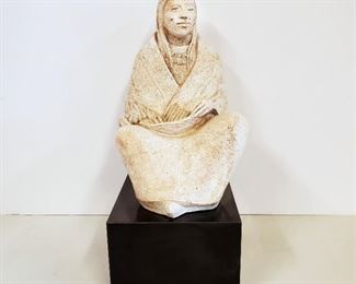 12" tall, 5" wide, and 6 1/2" deep. Beautiful hollow cast  Durastone® statue of an Acoma woman entitled "Madre Tierra (Earth Mother) by Austin Productions. Austin sculptures are made of Durastone® , hand cast and hand finished. Durastone® is a special formulation of crushed stone mixed in a slurry. Excellent condition.