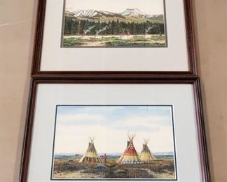 Two original gouache paintings dated 1990 by listed Montana/New Mexico artist Paul Surber. The first is entitled "Flathead Camp Western Montana" and the second "Blackfeet Sunset". Both paintings measure 6" x 10", and are framed identically in 12" x 15 1/2" frames.
