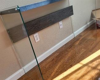 glass and grey woodtone desk or tv stand