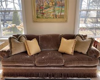 Velvet upholstered sofa with bouillon fringe. Measures 96" W x 45" D. Photo 1 of 2. 