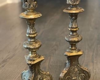 Pair of gilt metal candlesticks. Each measures 18” H. Photo 1 of 3. 