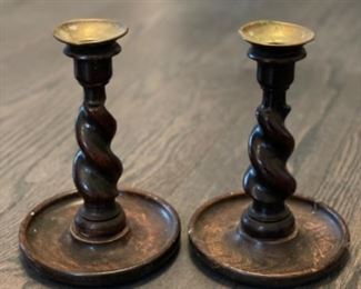 Pair of barley twist wood candlesticks. Each measures 7.5” H. 