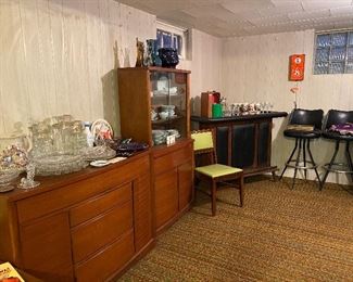 Mid century hutch mid-century buffet mid century bar and two stools glassware candlewick China swing vases 