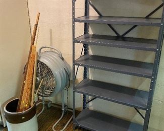 Metal shelving crock floor fan yardsticks