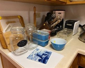 Pyrex veggies coffee pot toaster knives cutting boards