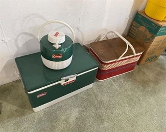 Vintage Coleman Coolers and Redman picnic basket