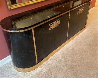 Mastercraft Dark Geen Laminate Credenza w/ Brass Accents. 80"W x 18"D x 20.5"H