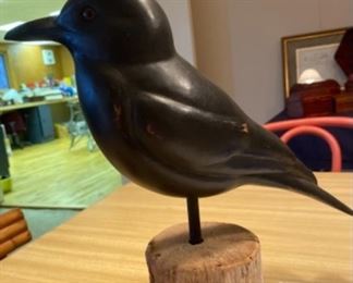 Signed Jim Guge wooden black bird painted carving, local Elgin artist.