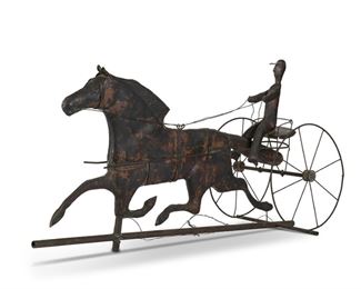 1004
A Copper Horse And Sulky Weathervane
20th Century
Unmarked
Depicting a racing buggy with driver and horse
17.25" H x 33.5" W x 11" D
Estimate: $300 - $400