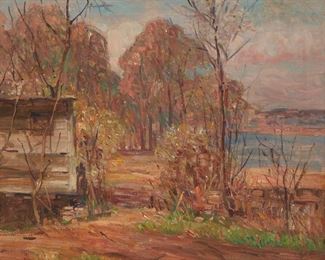 1008
George Demont Otis
1879-1962, Kentfield, CA
Shack In Autumn River Landscape
Oil on canvas
Signed lower right: Geo D. Otis
22" H x 27" W
Estimate: $1,200 - $1,800