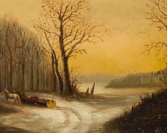 1009
Mary Ann Horton Davidson
b. 1863, Willsboro, PA
Horses Pulling A Log In A Winter Landscape
Oil on canvas laid to board
Appears unsigned; artist attribution from a hand-written note affixed to the frame's backing paper
Sight: 13.5" H x 23.5" W
Estimate: $200 - $400