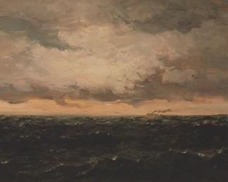 1011
Frank Knox Morton Rehn
1848-1914, Magnolia, MA
Atmospheric Seascape
Oil on canvas
Signed lower left: F. K. M. Rehn
16" H x 27.75" W
Estimate: $800 - $1,200