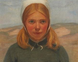 1014
DeWitt Parshall
1864-1956, Santa Barbara, CA
Young Girl, 1897
Oil on canvas laid to board
Signed and dated lower left: Dewitt Parshall
17.75" H x 14.5" W
Estimate: $500 - $700
