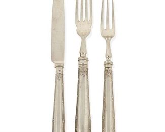 1019
An English Sterling Silver Fruit Flatware Service
Circa 1940
Marked for G&S Co., London, England, and sterling
Each hollow-handled, comprising 12 fruit knives (7.5"), 12 salad forks (7.5"), and 12 fruit forks (6.75"), 36 pieces
Estimate: $600 - $800