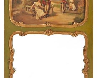 1039
A French Louis XV-Style Trumeau Mirror
Fourth-Quarter 19th Century
The painted and gilt carved wood frame with a Napoleonic-style oil on board courting scene over a rectangular mirror
55.25" H x 33.25" W x 1.75" D
Estimate: $400 - $600