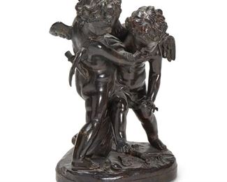 1044
After Etienne-Maurice Falconet
1716-1791, French
"Bataille Pour L'amour" (Putti Fighting Over A Heart)
Patinated bronze
Signed in the cast: Falconet
18.25" H x 14" W x 9" D
Estimate: $400 - $600