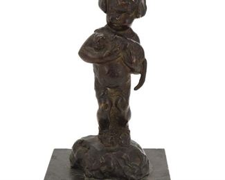 1045
After Jean Ortis
20th Century, French
Child Holding A Cat
Patinated bronze on marble base
Signed in the cast: J. Ortis; further impressed: France / Meroni Radice / Cire Perdue Paris
10" H x 4.25" W x 3.5" D
Estimate: $400 - $600