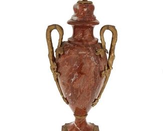 1047
A Louis XVI-Style Rouge Marble Urn
20th Century
With faux-lid and gilt-bronze mounts
20" H x 8" W x 5.5" D
Estimate: $300 - $500