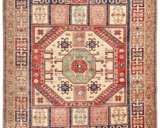1051
A Pakistani Kazak-Style Area Rug
Fourth-Quarter 20th Century or Later; Pakistan
Wool on cotton foundation, with polychrome geometric motifs
104" L x 66" W
Estimate: $200 - $400