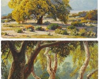 1053
Paul Grimm (1891-1974, Palm Springs, CA)
Two works:

"Palo Verde Tree," 1938
Oil on board
Signed lower left: Paul Grimm; signed again, titled and dated verso

Two trees
Oil on paper
Signed lower right: Paul Grimm

Estimate: $800 - $1,200