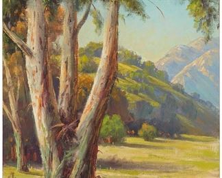 1054
Paul Grimm
1892-1974, Palm Springs, CA
"Eucalyptus Study," April 1970
Oil on canvas board
Signed lower left: Paul Grimm; signed again, titled, and dated verso
16" H x 12" W
Estimate: $800 - $1,200