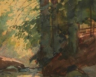 1057
Lorenzo Palmer Latimer
1857-1941, Berkeley, CA
"Forest Stream Landscape," 1906
Watercolor on paper board under glass
Signed and dated lower right: L. P. Latimer; titled by repute
Sight: 9.25" H x 6.5" W
Estimate: $500 - $700