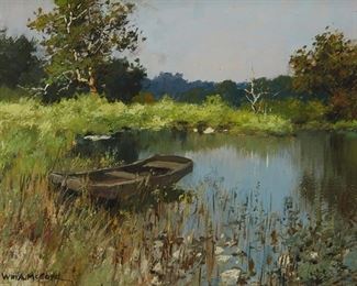 1059
William Alexander McCord
d. 1918, Cincinnati, OH
"A Summer Sketch," 1914
Oil on board
Signed lower left: Wm. A. McCord; dated on the frame plaque; titled verso; dated again and with an alternate title on an old backing paper, now stored in a sleeve attached verso: "Solitude: Scene on the Little Miami"
8" H x 10" W
Estimate: $300 - $500