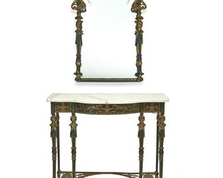 1061
A French Empire-Style Cast Iron Console And Wall Mirror Set
20th Century
Possibly by Oscar Bach, the Empire-style table with onyx top and decorated with cold painted low-relief lions, urns, and half-figures, with a conformingly designed mirror, 2 pieces
31.5" H x 31" W x 11.25" D
Estimate: $800 - $1,200