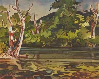 1060
Milford Zornes
1908-2008, Claremont, CA
"On The Battenkill," 1985
Watercolor on paper under glass
Signed and dated lower right: Zornes
Sight: 21.5" H x 29.5" W
Estimate: $600 - $800