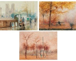 1064
Alberto Estrada Vilarrasa (B. 1934, Spanish)
Three works

"Paris, Bookstalls," 1984
Watercolor on paper under glass
Sight: 17.5" H x 23.5" W
Signed and dated lower left: Estrada Vilarrasa, titled on a gum label affixed to the backing paper

Man on bench in an autumn landscape, 1985
Watercolor on paper under glass
Sight: 17.5" H x 23.5" W
Signed and dated lower right: Estrada Vilarrasa

Figures in the Parc du Champ de Mars, the Eiffel Tower in the background, 1984
Watercolor on paper under Plexiglas
Sight: 17.5" H x 23.5" W
Signed and dated lower left: Estrada Vilarrasa
Estimate: $700 - $900
