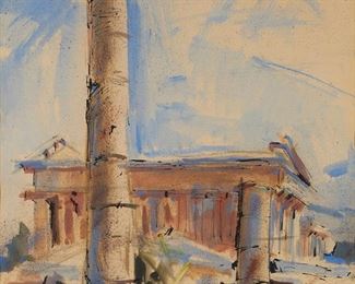 1066
Sergei Bongart
1918-1985, Santa Monica, CA
Temples At Paestum, 1963
Watercolor and ink on paper under glass
Signed upper right: Sergei Bongart; signed again, titled and dated at the upper sheet edge verso: Pestum [sic]
Sheet: 25" H x 20.5" W
Estimate: $500 - $700