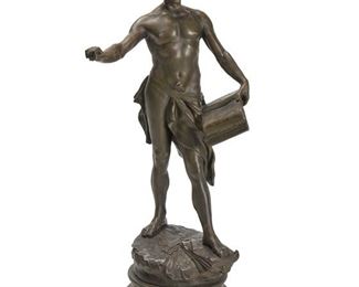 1070
Attributed To Victor Rousseau
1865-1954, Belgian
"Le Code"
Patinated spelter
Titled and attributed on plaque: Le Code / par Rousseau (Sculpt); Foundry mark: Fabrication Francaise / Paris / Made in France
34" H x 15" W x 13" D
Estimate: $500 - $700