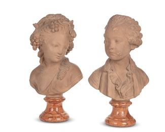 1072
After Jean-Antoine Houdon
1741-1828, French
A Pair Of Terracotta Busts Of Children
Terracotta on marble plinths
Each signed in the cast: Houdon
2 pieces
Male figure: 18.5" H x 11" W x 6" D; Female figure: 18.5" H x 9" W x 7" D
Estimate: $500 - $700