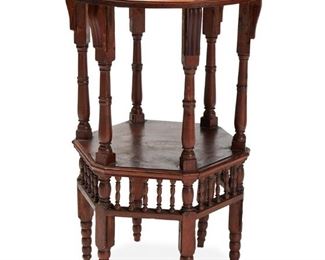 1078
A Levatine Inlaid Wood Occasional Table
20th Century
The round top with marquetry inlaid star and foliate motifs over a hexagonal undershelf
28.5" H x 19.5" Dia.
Estimate: $200 - $400