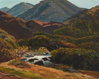 1084
Ray Strong
1905-2006, Santa Barbara, CA
"Garrapata Creek, Big Sur"
Oil on board
Signed lower right: Ray Strong
9" H x 12" W
Estimate: $700 - $900