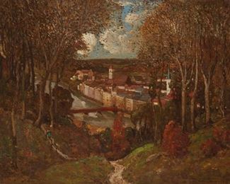 1087
C. Harry Allis
1870-1938, Los Angeles, CA
View Of A Town, 1918
Oil on canvas
Signed, dated, and indistinctly inscribed lower right: C. Harry Allis
37" H x 46" W
Estimate: $600 - $900