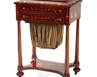 1099
A Dutch Marquetry Vanity Table
Mid-19th Century
With all-over floral marquetry, the flip-top dressing table with inset mirror and fitted interior over a single drawer and pull-out pleated silk basket, on castors
31.5" H x 21" W x 21.75" D
Estimate: $400 - $600