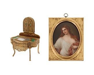 1100
A Guilloché Vanity Box And A German Portrait Plaque
Late 19th/Early 20th Century
Box impressed: France; Plaque impressed "165" and the title inscribed in pencil verso
The gilt-metal box in the form of a vanity with guilloché enamel panels and mirror, together with a framed German porcelain portrait plaque after Titian's "Flora," 2 pieces
Box: 8.5" H x 6.25" W x 5" D; Plaque overall: 8.375" H x 6.75" W
Estimate: $300 - $500
