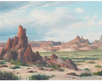 1108
Bennett Bradbury
1914-1991, Carmel, CA
"Acoma Indian Reservation (N.M.)"
Oil on canvas
Signed lower left: Bennett Bradbury; signed again, titled and with the artist's copyright stamp on the stretcher
24" H x 36" W
Estimate: $800 - $1,200