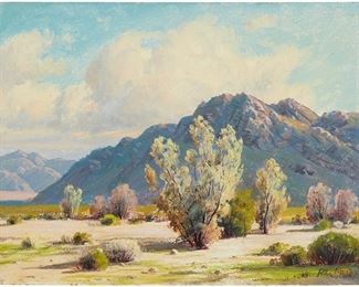 1107
Paul Grimm
1892-1974, Palm Springs, CA
"High Desert Sage"
Oil on paper laid to board
Signed lower right: Paul Grimm; titled on a label affixed verso
12" H x 16" W
Estimate: $800 - $1,200