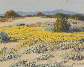 1109
Carl Sammons
1883-1968, Oakland, CA
Desert Landscape
Oil on canvas board under glass
Signed lower right: Sammons
Sight: 5.625" H x 7.625" W
Estimate: $500 - $700