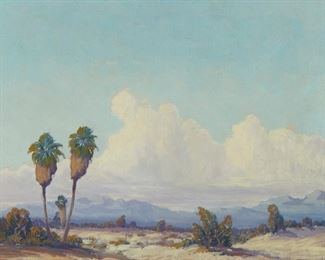 1111
Joseph P. Frey
1892-1977, Hawthorne, CA
Desert Landscape With Two Tall Palm Trees
Oil on canvas
Signed lower left: Joseph Frey
20" H x 24" W
Estimate: $600 - $800