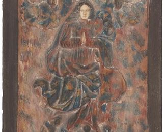 1114
An "Our Lady Of Immaculate Conception" Carved Wood Retablo
First Half 20th Century
The polychromed carved wood panel with inset carved bone faces
19.75" H x 14.75" W x 1" D
Estimate: $400 - $600