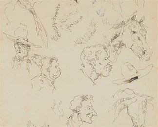 1116
Olaf Wieghorst
1899-1988, El Cajon, CA
Portrait Studies, 1960
Ink on paper under glass
Signed, dated, inscribed and with the artist's device lower left: Olaf Wieghorst 2C
Sight: 13.375" H x 9.125" W
Estimate: $600 - $800