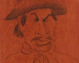1117
Florencio Molina Campos
1891-1959, Argentinian
"Self-Portrait," 1949
Grease pencil on plywood panel
Signed, titled and dated upper left: F. Molina Campos
40" H x 19.625" W
Estimate: $600 - $800